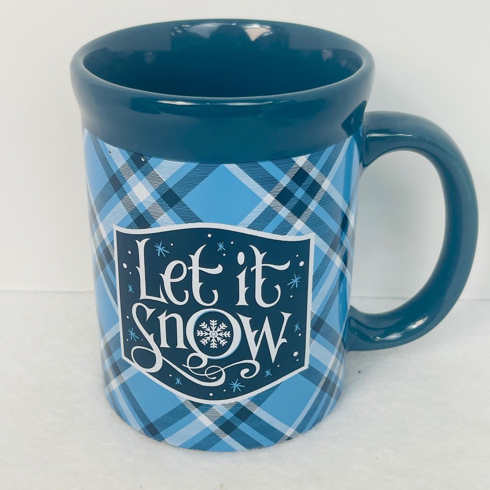 DesignPac Let it Snow Blue Plaid Ceramic Coffee Mug Winter Holiday Stoneware